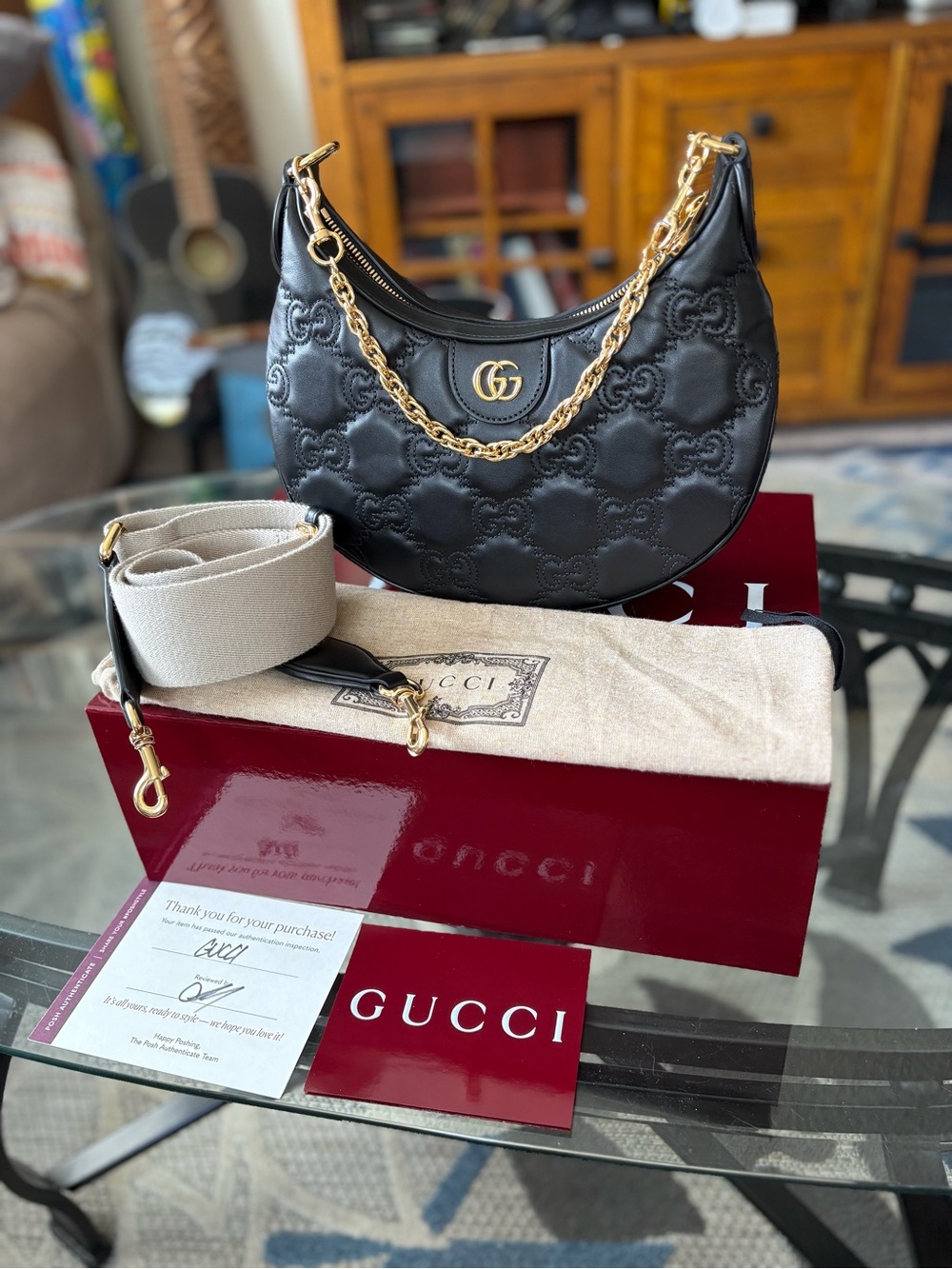 Gucci Black GG Embossed Leather Shoulder Bag with Gold Hardware